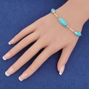 Vintage 14k Yellow Gold Persian Turquoise Oval Cabochon Link Bracelet Size 7